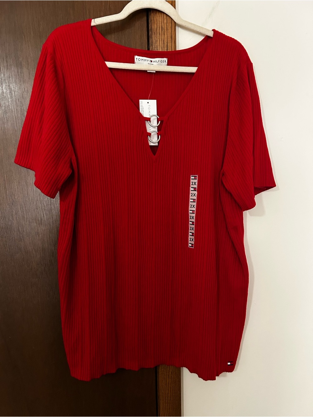 Tommy Hilfiger Red Ribbed V-Neck Short Sleeve Shirt with Metal Ring Detail